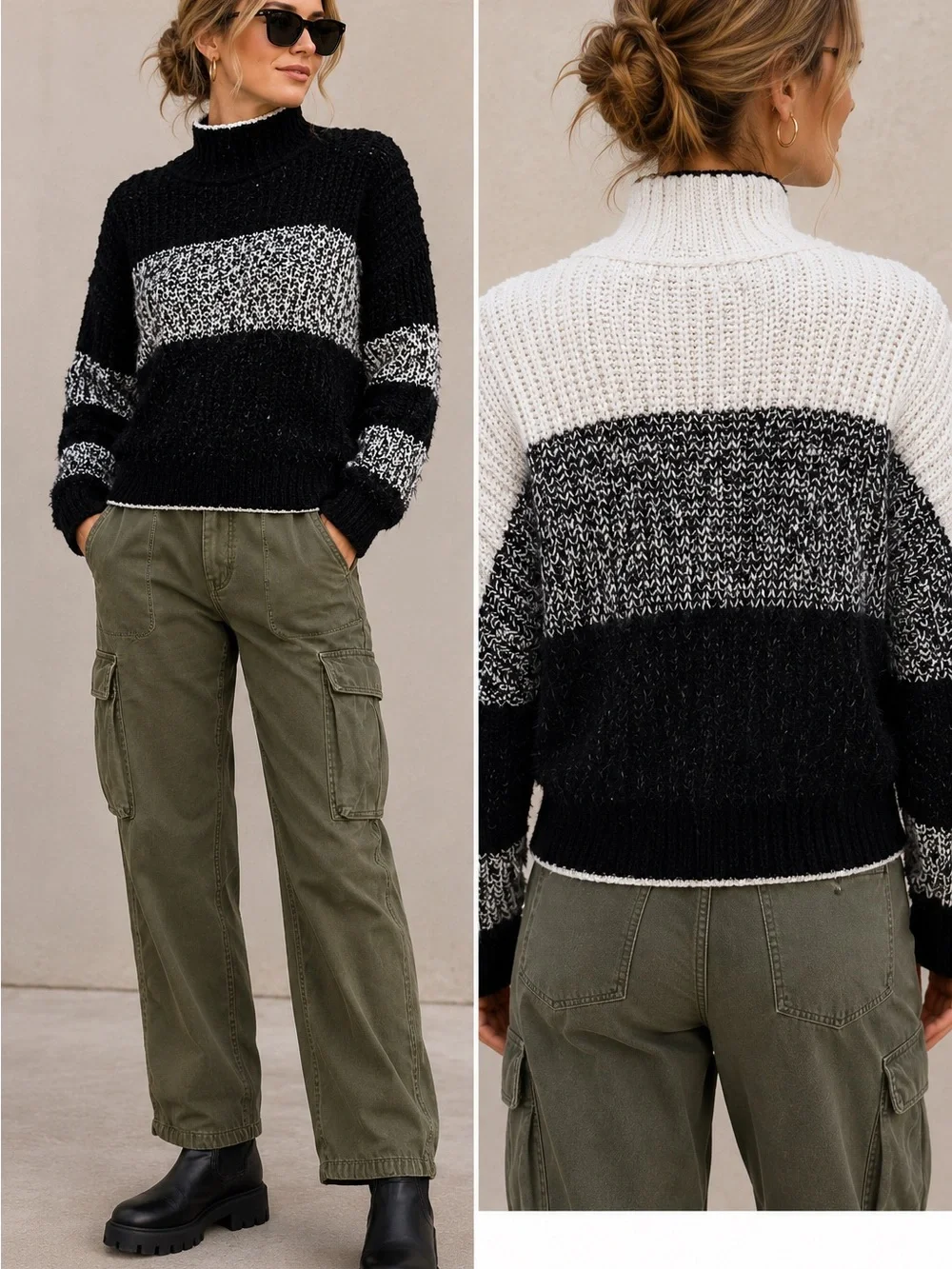 Free People Black White Cropped Knit Mock Neck Dolman Sweater S/P